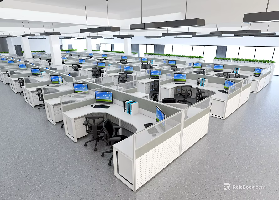 Modern Public Office Space Layout With Cubicles Desks Computers And Office Chairs 3d model