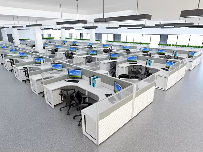 Modern Public Office Space Layout With Cubicles Desks Computers And Office Chairs 3d model