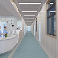 Modern Hospital Nurse Station with Nurses Working at Reception Desk Computer Clock and Plants