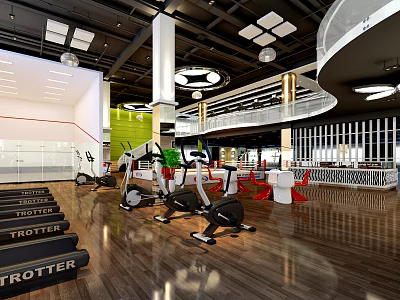 Modern Fitness Gym Interior With Trotter Treadmills Stationary Bikes Wooden Flooring And Bright Lighting 3d model