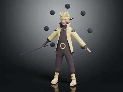 Blonde Haired Character In Yellow Coat With Brown Pants Holding Sticks And Black Spheres Surrounding 3d model