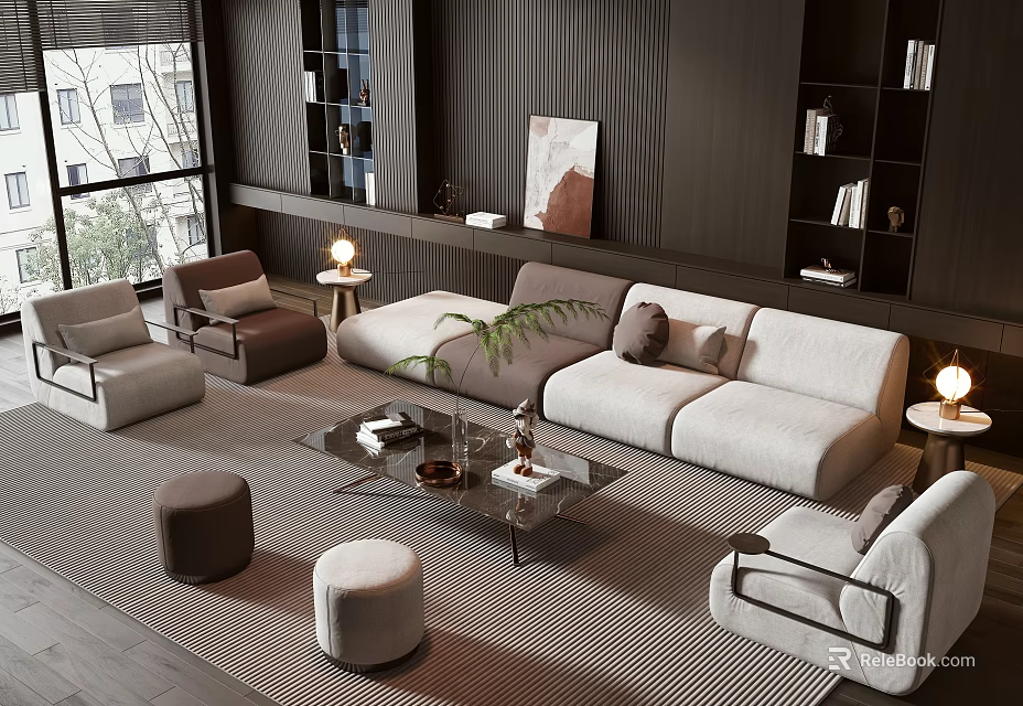Modern Living Room Sofa And Coffee Table Set With Beige Upholstery Glass Top Round Stools 3d model 