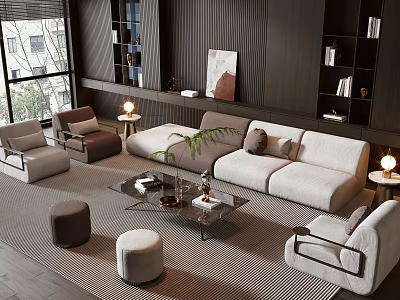 Modern Living Room Sofa And Coffee Table Set With Beige Upholstery Glass Top Round Stools 3d model