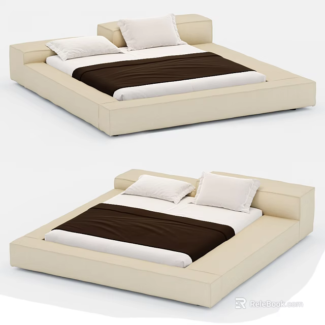 Modern Platform Double Bed with Beige Frame Brown and White Bedding and White Pillows 3d model 