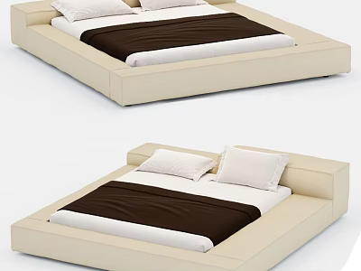 Modern Platform Double Bed with Beige Frame Brown and White Bedding and White Pillows 3d model
