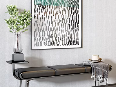 Black Leather Sofa Bench With Green Plant Side Table And Abstract Wall Art 3d model