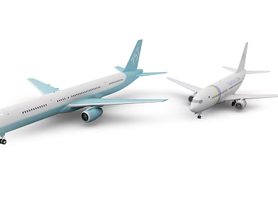 Two Commercial Airliners With Blue White Livery And Distinct Tail Logos In Side View 3d model