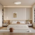 Modern Bedroom Interior Design With Bed Bedside Tables Artwork Pendant Lights And Beige Tones