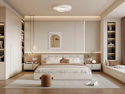 Modern Bedroom Interior Design With Bed Bedside Tables Artwork Pendant Lights And Beige Tones 3d model