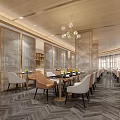 Modern Restaurant Interior With Wooden Ceiling Chandeliers Tables Chairs And Herringbone Flooring