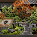 Traditional Courtyard Garden With Autumn Trees Greenery Walls Stone Pathways And Lanterns