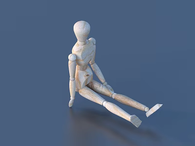Wooden Articulated Doll in Sitting Pose on Blue Background with Movable Joints 3d model