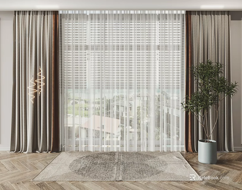 Neutral Thick And White Sheer Window Curtains In Modern Cozy Room 3d model 