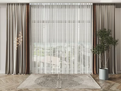 Neutral Thick And White Sheer Window Curtains In Modern Cozy Room 3d model