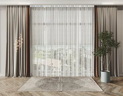 Neutral Thick And White Sheer Window Curtains In Modern Cozy Room 3d model