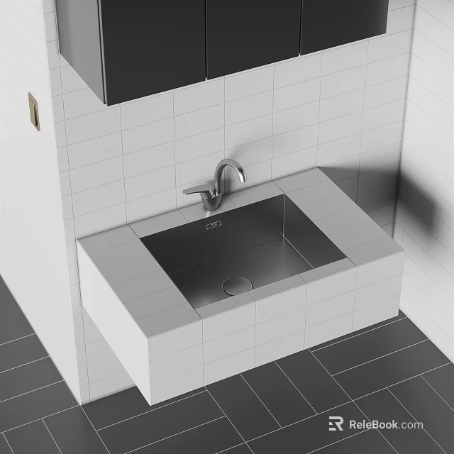 Modern Bathroom Washbasin with White Tiled Wall Silver Faucet and Dark Floor Tiles 3d model 