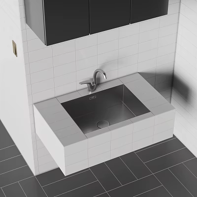 Modern Bathroom Washbasin with White Tiled Wall Silver Faucet and Dark Floor Tiles 3d model