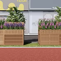 Wooden Flower Planters With Vibrant Purple Pink Flowers For Outdoor Street