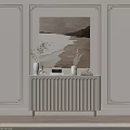 White Ribbed Entryway Console Cabinet With Gold Legs Vase Greenery And Wall Art