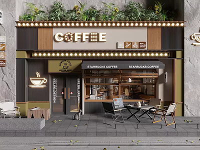 Elegant Coffee Shop Storefront With Green Plants Illuminated Sign Awnings And Outdoor Seating 3d model