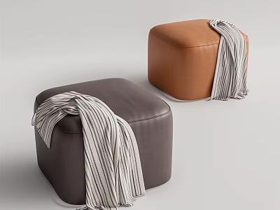 Dark Brown and Brown Leather Ottomans with Striped Blankets Draped Over on Minimalist Background 3d model
