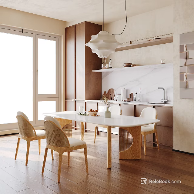 Modern Restaurant Interior With White Dining Table Woven Chairs And Pendant Light 3d model 