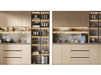 Modern Wooden Wine Cabinet Interior With Glass Doors Wine Bottles Glassware And Decorative Lighting 3d model