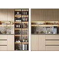 Modern Wooden Wine Cabinet Interior With Glass Doors Wine Bottles Glassware And Decorative Lighting