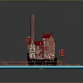 Cartoon Scene With Red Roof House Chimney And Wooden Walkway On Blue Platform