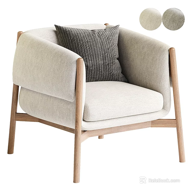 Comfortable Beige Armchair With Wooden Armrests Legs And Dark Gray Knitted Cushion 3d model 