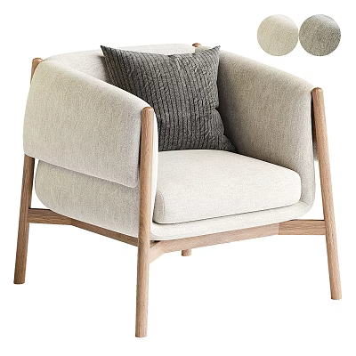 Comfortable Beige Armchair With Wooden Armrests Legs And Dark Gray Knitted Cushion 3d model