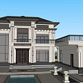 Luxury Two Story Detached Villa With Beige Exterior Large Glass Windows Front Courtyard Water Feature