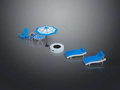 Outdoor Furniture Collection Featuring Blue Chairs Table Umbrella Fire Pit And Loungers 3d model