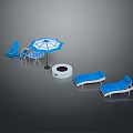 Outdoor Furniture Collection Featuring Blue Chairs Table Umbrella Fire Pit And Loungers