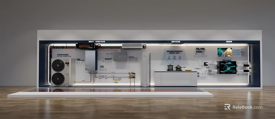 Clean Bright Modern Exhibition Hall Interior With Wall Charts Equipment Display And Wooden Floor 3d model 