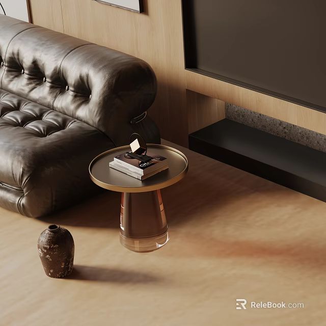 Modern Side Table Next To Black Leather Sofa With Books And Transparent Base 3d model 