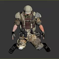 Tactical Combat Character With Helmet Armor In Kneeling Pose On Minimal Gray Background