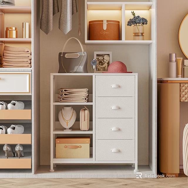 Modern White Storage Shelf with Drawers Handbag Folded Towels Jewelry and Photo Frame 3d model 