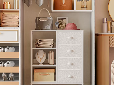 Modern White Storage Shelf with Drawers Handbag Folded Towels Jewelry and Photo Frame 3d model
