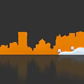 Orange City Skyline Silhouette On Dark Background With Water Reflection And White Elements 3d model