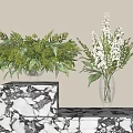 Elegant Green And White Flowers Arranged In Glass Vases On Marble Tabletop