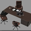 Wooden Office Desk With Leather Chairs Computer Monitor And Workspace Setup