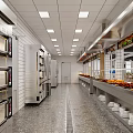 Commercial Restaurant Kitchen Interior With Stainless Steel Worktables Tiled Walls And Ceiling Lights