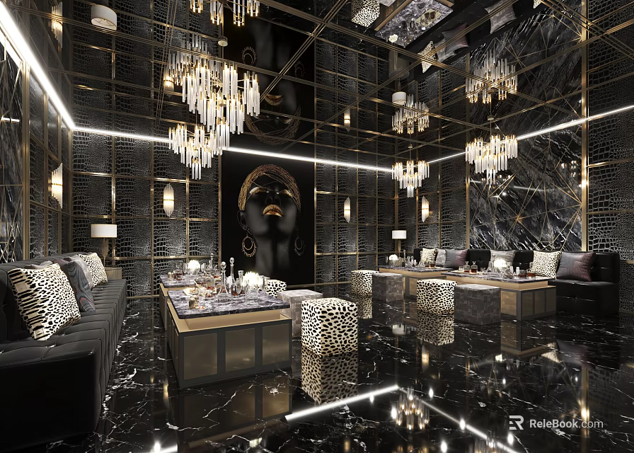 Luxury KTV Interior With Crystal Chandeliers Black Gold Decor Comfortable Sofas And Marble Floors 3d model 
