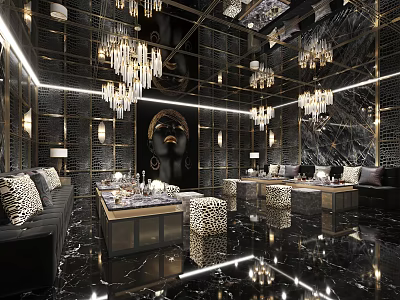 Luxury KTV Interior With Crystal Chandeliers Black Gold Decor Comfortable Sofas And Marble Floors 3d model