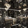 Luxury KTV Interior With Crystal Chandeliers Black Gold Decor Comfortable Sofas And Marble Floors