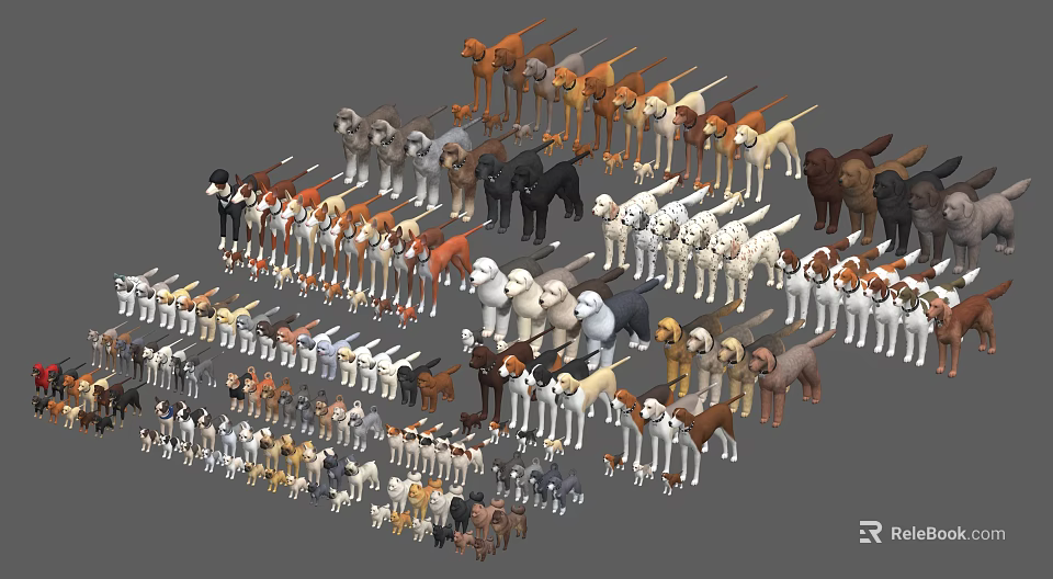 Collection of Various Dog Breeds in Different Colors Arranged as Toy Models 3d model 