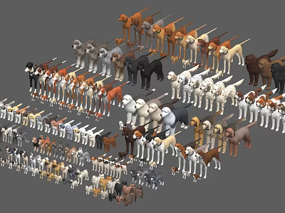 Collection of Various Dog Breeds in Different Colors Arranged as Toy Models 3d model