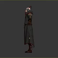 Man In Fantasy Character Design With Long Coat Red Accents And Feathered Headdress