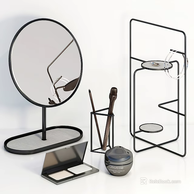 Perfume Cosmetics Display With Round Mirror Metal Stand Makeup Brushes And Brush Holder 3d model 